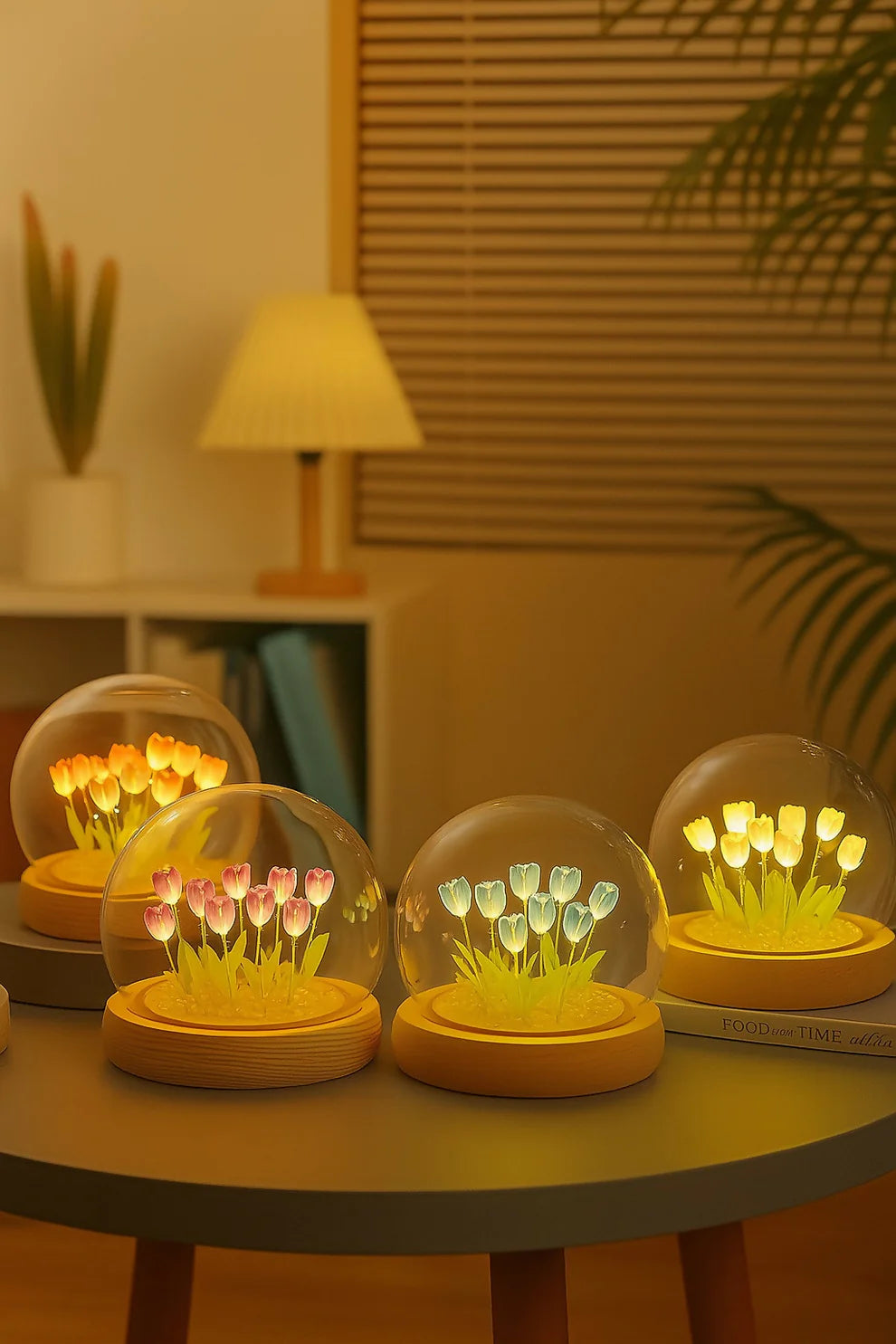 LED Yellow Tulip Flower Light Dome With Wooden Base – Warm White Night Lamp With Glass Cover For Home, Office, Or Gifting – Decorative Ambient Floral Light For Bedroom & Living Room - ZAYELLO