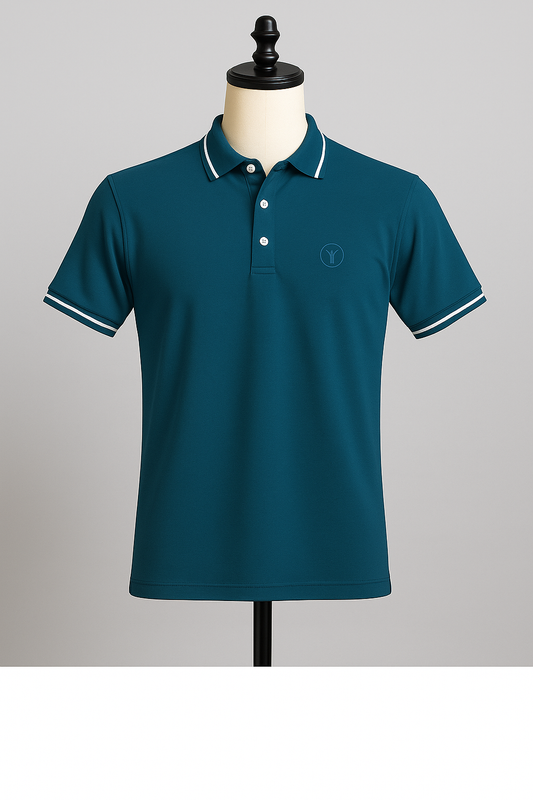Men’s Teal Blue Polo T-Shirt with Contrast Collar - ZAYELLO 