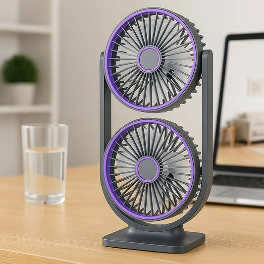 Double Head Circulating Desk Fan – Dual Blade USB Rechargeable Table Fan With Quiet Operation & Modern Gray-Purple Design – Powerful Cooling Airflow For Home Office, Study Table, Or Bedroom Use - ZAYELLO 