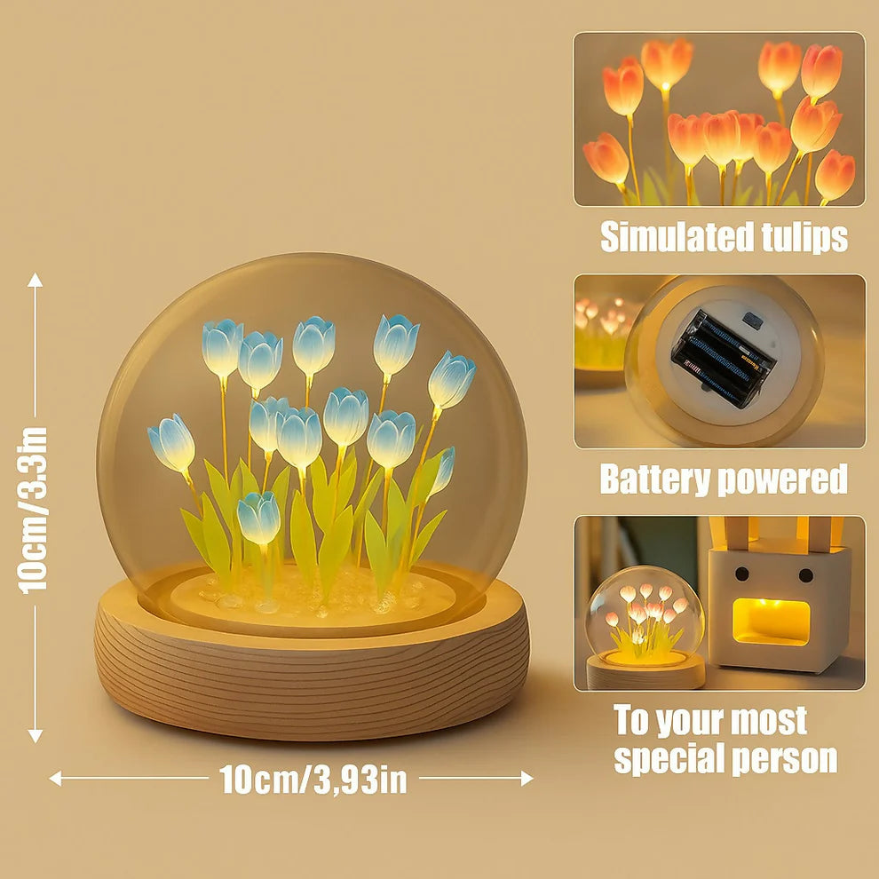 LED Yellow Tulip Flower Light Dome With Wooden Base – Warm White Night Lamp With Glass Cover For Home, Office, Or Gifting – Decorative Ambient Floral Light For Bedroom & Living Room - ZAYELLO 