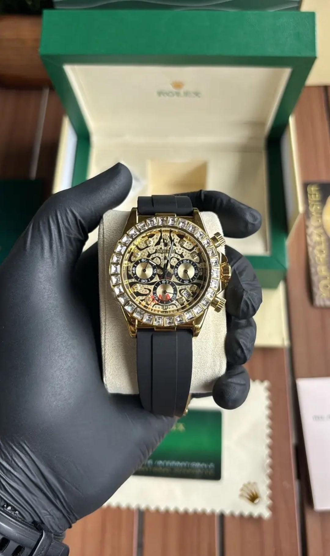 Men's Gold Skeleton Dial Watch – Crystal Bezel & Black Silicone Strap - ZAYELLO 