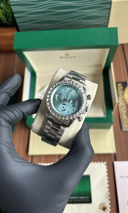 Men's Silver Chronograph Watch – Icy Blue Dial with Arabic Numerals & Crystal Bezel - ZAYELLO 