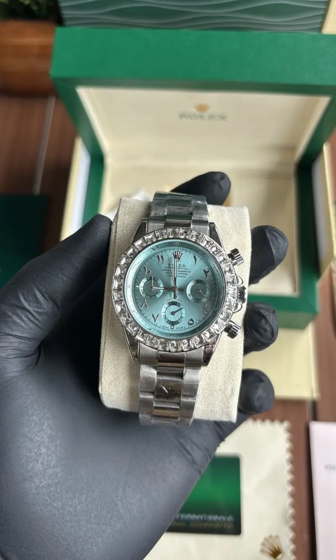 Men's Silver Chronograph Watch – Icy Blue Dial with Arabic Numerals & Crystal Bezel - ZAYELLO 