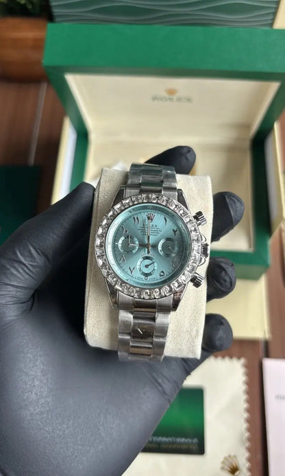 Men's Silver Chronograph Watch – Icy Blue Dial with Arabic Numerals & Crystal Bezel - ZAYELLO 