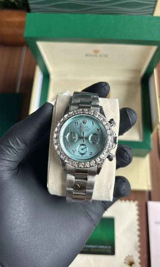 Men's Silver Chronograph Watch – Icy Blue Dial with Arabic Numerals & Crystal Bezel - ZAYELLO 