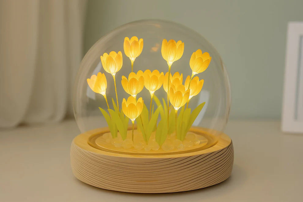 LED Yellow Tulip Flower Light Dome With Wooden Base – Warm White Night Lamp With Glass Cover For Home, Office, Or Gifting – Decorative Ambient Floral Light For Bedroom & Living Room - ZAYELLO 