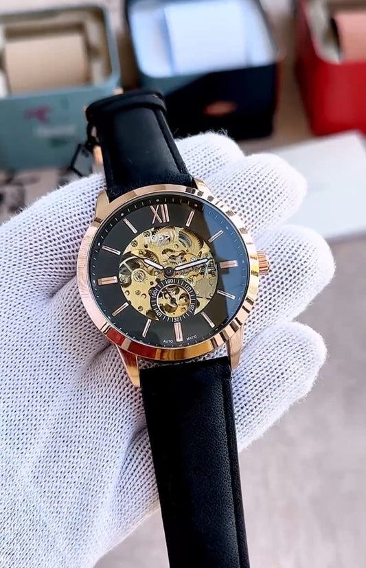 Premium Black Leather Skeleton Automatic Watch | Rose Gold Case