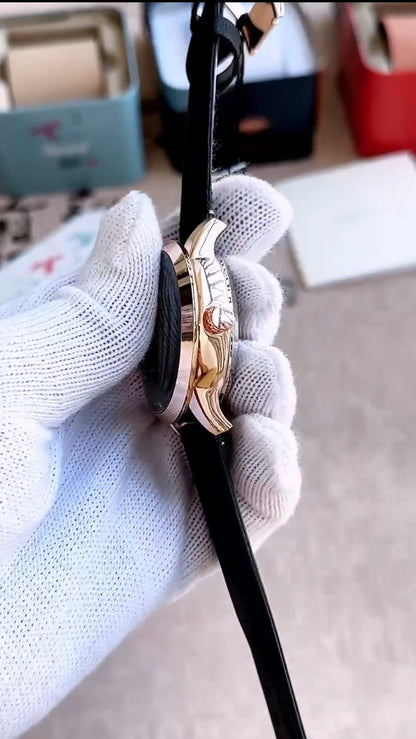 Premium Black Leather Skeleton Automatic Watch | Rose Gold Case