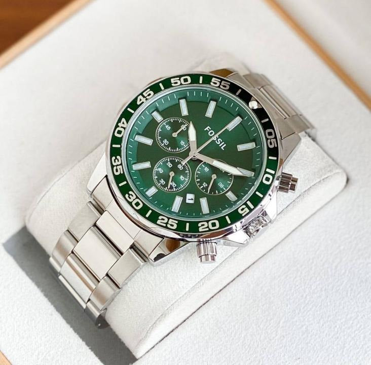 Men's Premium Green Dial Chronograph Watch with Stainless Steel Strap - Quartz Movement